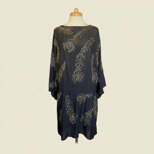 BoYod Black Hand Beaded Peacock Feather Dress S Boho Semi Sheer